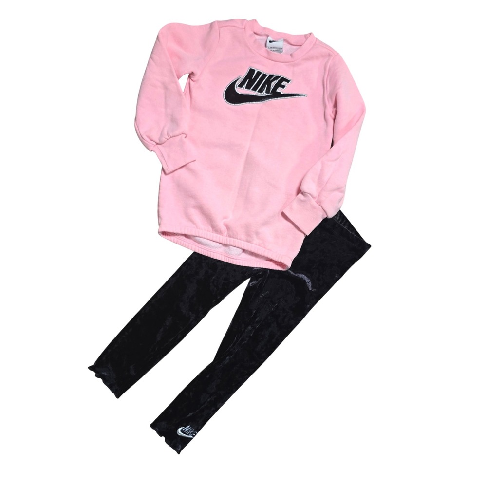 Nike Girls Pink Fleece‎ Sweatshirt & Black Velour Leggings Set Size 4T